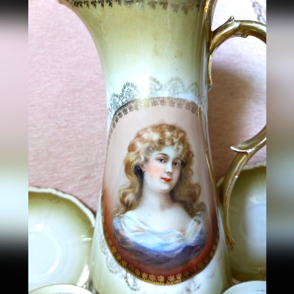 Antique Austrian Imperial China Porcelain Portrait Pitcher, Cups & Saucers Set - Picture 5 of 12